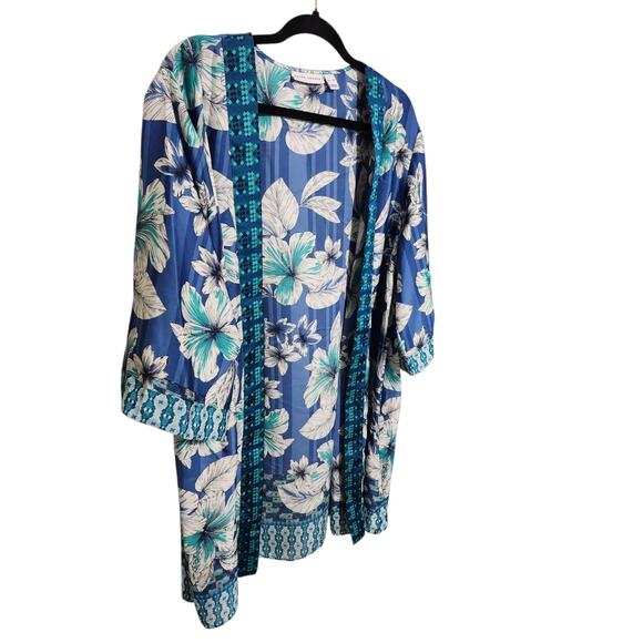 Susan Graver Plus Size 2X Blue White Floral Pattern Open Front Longline - Picture 4 of 8